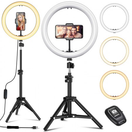 Selfie Ring Light with Black Tripod Stand 12-inch Dimmable Desktop Ringlight with DIY Ports, Circle Light LED Camera Lighting for Live Stream /Makeup, Compatible with iPhone Android